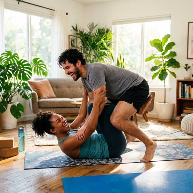 Couple doing a short stretch session at home