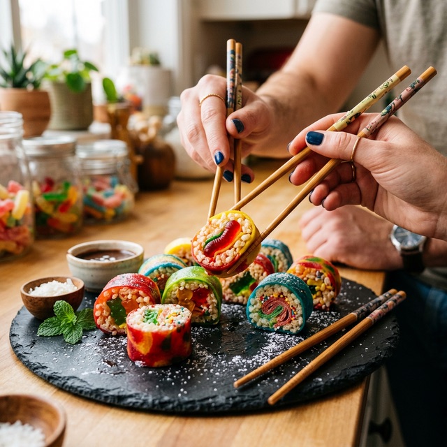 Making dessert sushi on a cozy night in