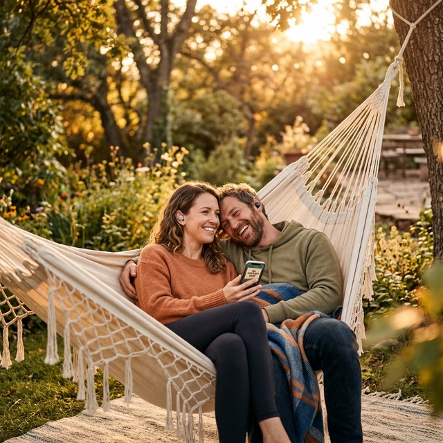 Sharing a podcast in a hammock