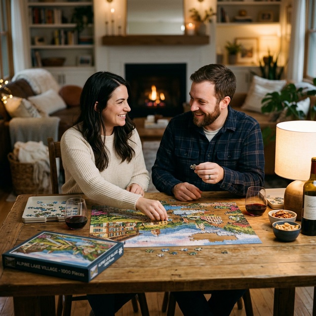 Doing a jigsaw puzzle with wine on a night in