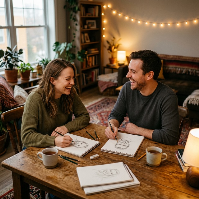 Couple sketching each other at home