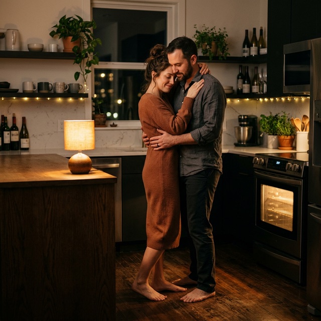 Couple slow dancing in the kitchen at night